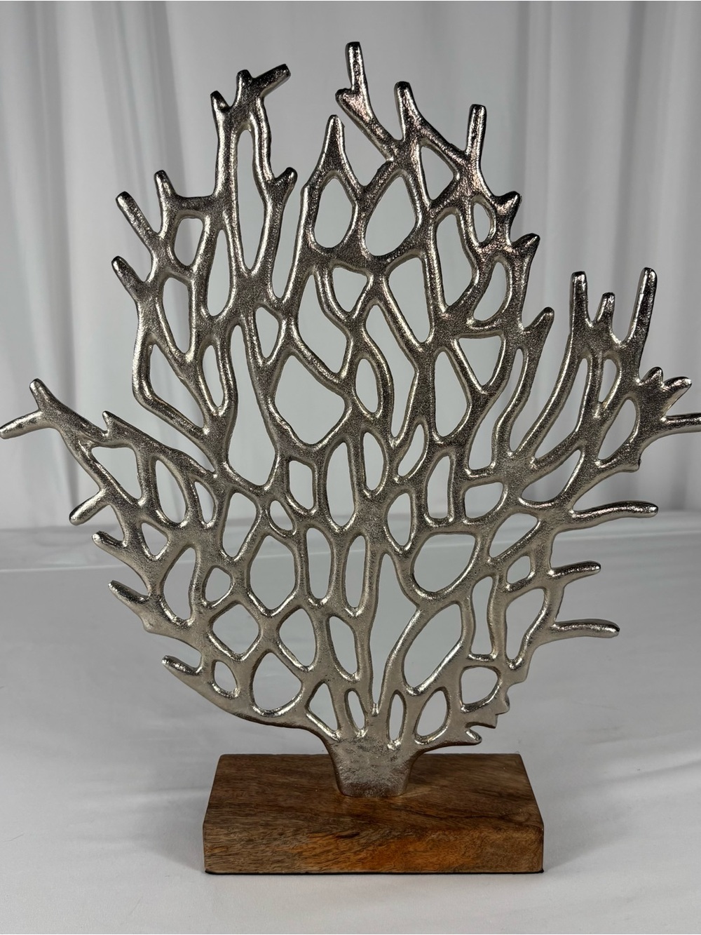 Silver Coral Sculpture Coastal Beach Decor on Wood Base